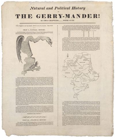 Broadside with Massachusetts election map and original gerrymander cartoon. Title reads 'Natural and Political History, the Gerrymander!'