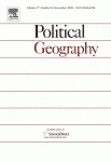 Book cover that is white with small, widely spaced red stripes and the words Political Geography in red and black. 