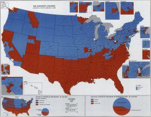 Poster of 80th congress political parties by state, the top half of the map is blue and the bottom half red. 