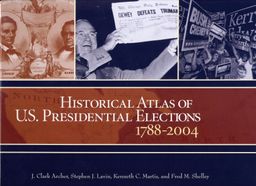 Book cover with photographs of Bush Kerry election signs, Newspaper with the headline Dewey Defeats Truman, and a poster of the Lincoln and Hamilton campaign.