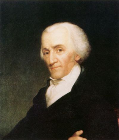 Painted portrait of Elbridge Gerry, an older male with white hair, a serious look on his face and wearing a white blouse with black suit jacket. 