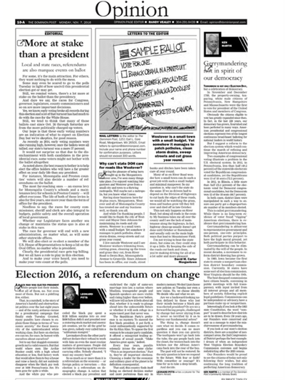 Image of newspaper article with "Opinion" across the top. Includes a cartoon of a sample ballot. Article content can't be read and can't be enlarged but includes the headline More at stake than a president and Election 2016, a referendum on change.