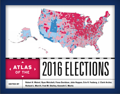 Book cover of 2016 elections with a bold covered image of the United States with districts in political colors. 