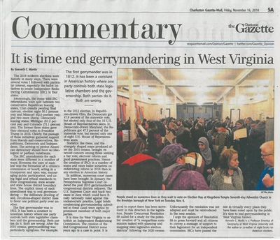 Image of a news paper with giant headline 'Commentary' and the headline 'It is time end gerrymandering in West Virginia'. Article content can not be read but is about the Independent Redistricting Commissions Commentary