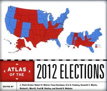 Book cover of 2021 atlas with a bold covered image of the United States with districts in political colors. 