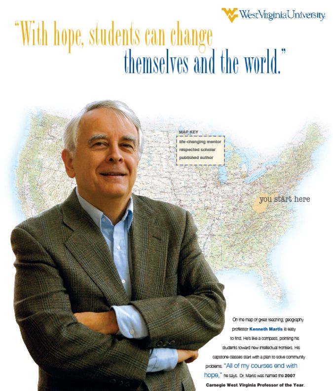 Photo of Ken Martis superimposed on top of a US map. Above the map the text says 'With Hope, students can change themselves and the world.'