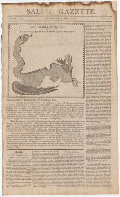 Reprinting of original gerrymander cartoon of the district drawn with a dragon in the Salem Gazette