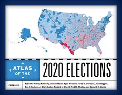 Book cover of 2020 elections, with a bold covered image of the United States with districts in political colors. 