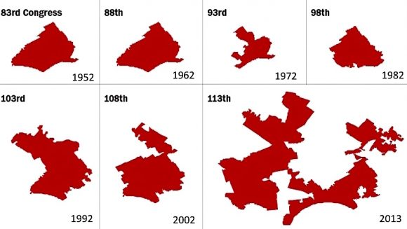 Pennsylvania 7th Congressional District shown over time with 6 progressions for 1952, 1962, 1972, 1992, 2022, and 2013. The shape of the district shown in red progresses from a cohesive area to a spread out and fragmented area. 